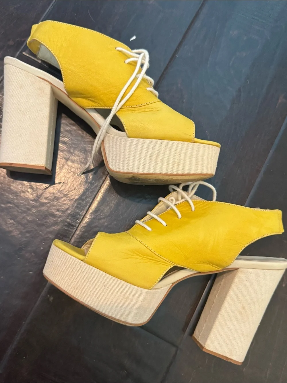 Anthropologie Yellow Leather Lace-Up Platform Heels with Cream Sole
